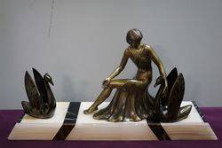Genuine French Art Deco Bronze Lady and Swans on Marble Base. #