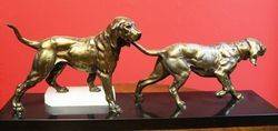 A Genuine Art Deco Spelter Dog Group on Marble Base