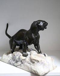 Victorian Bronze Lion on Marble Rock Style Base