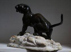 Victorian Bronze Lion on Marble Rock Style Base