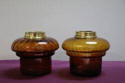 Pair of Antique Amber Glass Oil Lamp Fonts With Brass Collars 