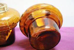 Pair of Antique Amber Glass Oil Lamp Fonts With Brass Collars 