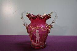 Antique Ruby Glass Mary Gregory Two Handle Vase 