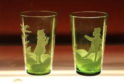 Pair Of Victorian Mary Gregory Green Glass Tumblers.# 