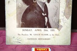 1931 Gallery First Nighters Club Signed Menu  Gracie Fields   