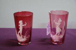 Antique Pair Of Ruby Glass Mary Gregory Tumblers  #