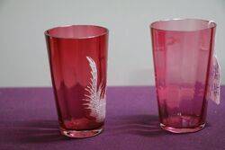 Antique Pair Of Ruby Glass Mary Gregory Tumblers  