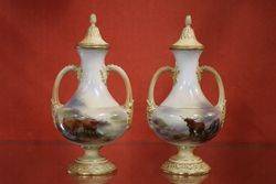 Pair Of Royal Worcester Harry Stinton Vases On Stands C1908