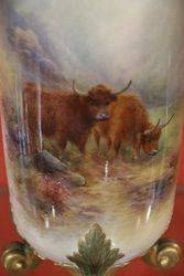 Royal Worcester Highland Cattle Pierced Vase by JStinton C1919
