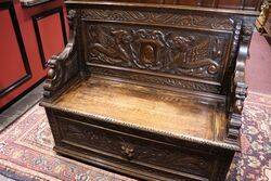 Antique Well Carved Oak Bench with a Lift Up Seat