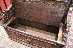 Antique Well Carved Oak Bench with a Lift Up Seat