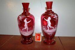 Antique Pair of Ruby Glass Mary Gregory Vases. #