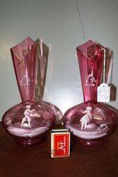 Antique Pair of Ruby Glass Mary Gregory Vases. #