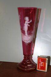 Antique Ruby Glass Mary Gregory Fluted Vase. #