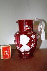 Antique Ruby Glass Mary Gregory Portrait Jug. #
