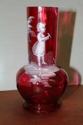 Small Antique Ruby Glass Mary Gregory Vase. #