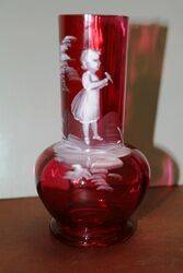 Small Antique Ruby Glass Mary Gregory Vase 