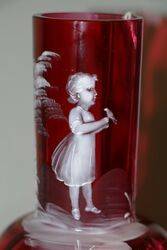 Small Antique Ruby Glass Mary Gregory Vase 