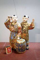 Satsuma Japan Porcelain Figures Beating a Drum.#