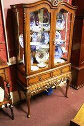 1950s Queen Ann Style Burr Walnut 2 Door Display Cabinet 