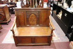 Antique Oak Marquetry Inlaid Settle with Lift Up Seat  