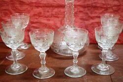 Antique Glass Decanter with 8 Matching Wine Glasses 