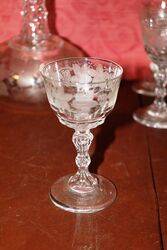 Antique Glass Decanter with 8 Matching Wine Glasses 