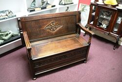 Early C20th English Oak 2 Seater Monks Bench