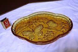 Art Deco Sowerby Amber Glass Butterfly Trinket Tray #