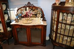 Antique Victorian Small Walnut Marble Top Mirror Back Credenza.# Antique Victorian Small Walnut Marble Top Mirror Back Credenza.#