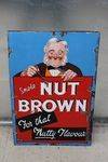 Early Smoke Nut Brown Pictorial Enamel Advertising Sign Arriving Nov