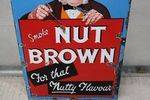 Early Smoke Nut Brown Pictorial Enamel Advertising Sign Arriving Nov