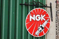 NGK Spark Plugs Enamel Double Sided Sign With Cast Bracket