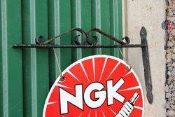 NGK Spark Plugs Enamel Double Sided Sign With Cast Bracket