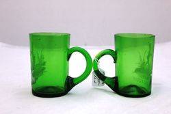 Pair Of Mary Gregory Green Glass Mugs