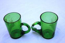 Pair Of Mary Gregory Green Glass Mugs