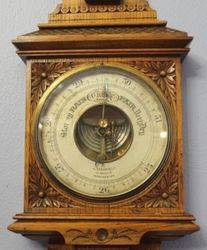 Oak Carved Barometer with Thermometer