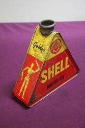 A Rare Shell Motor Oil Tri Shape  Tin With Stickman