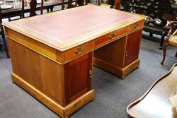 Antique 9 Drawer Partners Desk with Tooled Leather Insert 