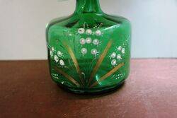 Antique Green Glass Hand Enameled Decanter 