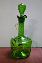 Antique Green Glass Hand Enameled Decanter 
