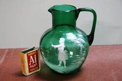 Antique Green Glass Mary Gregory Jug 