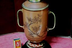 Antique Hand Decorated 2 Handle Oil Lamp 