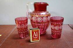 Antique Hand Painted Moser Ruby Glass Jug & 2 Tumblers. #
