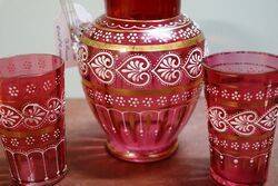 Antique Hand Painted Moser Ruby Glass Jug and 2 Tumblers 