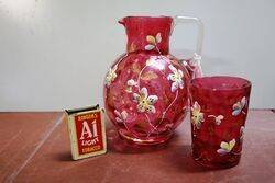 Antique Hand Painted Moser Ruby Glass Jug and Tumbler  