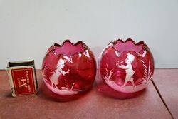 Antique Pair of Ruby Glass Mary Gregory Bowls. #