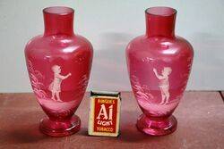 Antique Ruby Glass Mary Gregory Pair of Vases #.