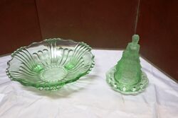 Art Deco 2 piece Jobling Green Glass Float Bowl 