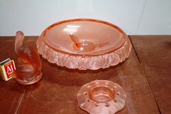 Art Deco 3Piece Walther and Sohne pink glass and39Pelikanand39 Float Bowl set